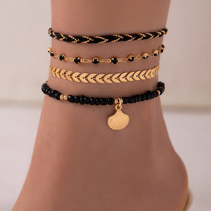 4pcs set bohemian woven rope foot chain for men and women geometric alloy black beads dropping oil anklet set summer fashion jewelry - lunastein