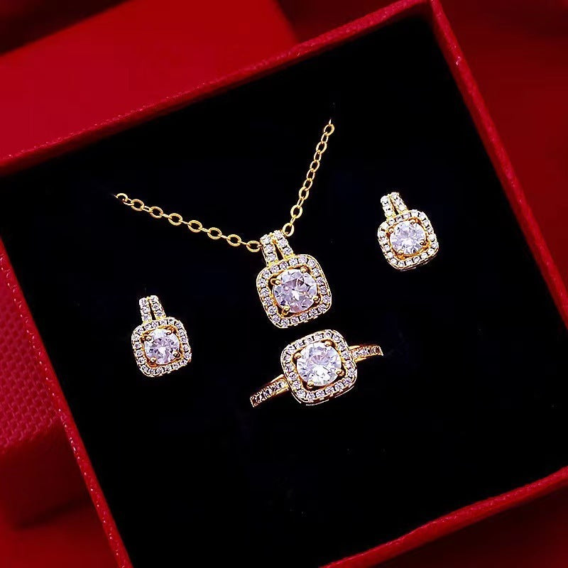 Fashion Jewelry Set Zircon Gem Pendant Chain Choker Necklace For Women Gold Color Stud Earring Statement Wedding Ring - Lunastein