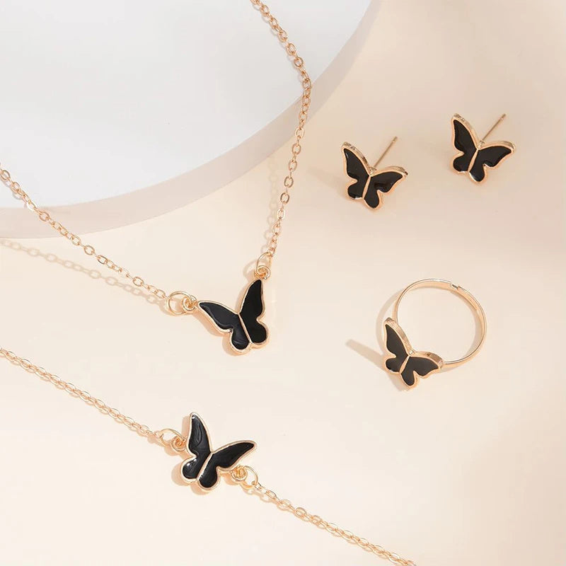 5pcs fashion butterfly pendants necklace earrings ring bracelet sets for women jewelry set bridal wedding jewelry gift - lunastein