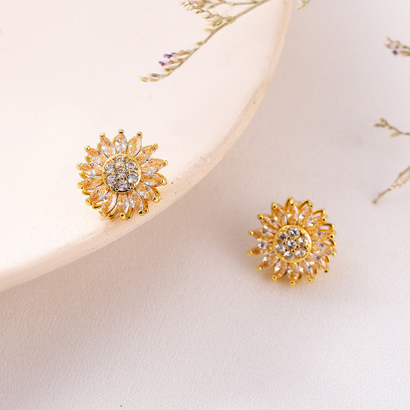 classic charm sunflower flower stainless steel necklace earrings fashion exquisite micro seed jewelry ring - lunastein