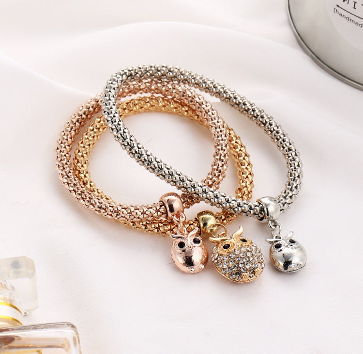 3 pieces set crystal bead bracelet for women decorated with crystal owl charm - lunastein