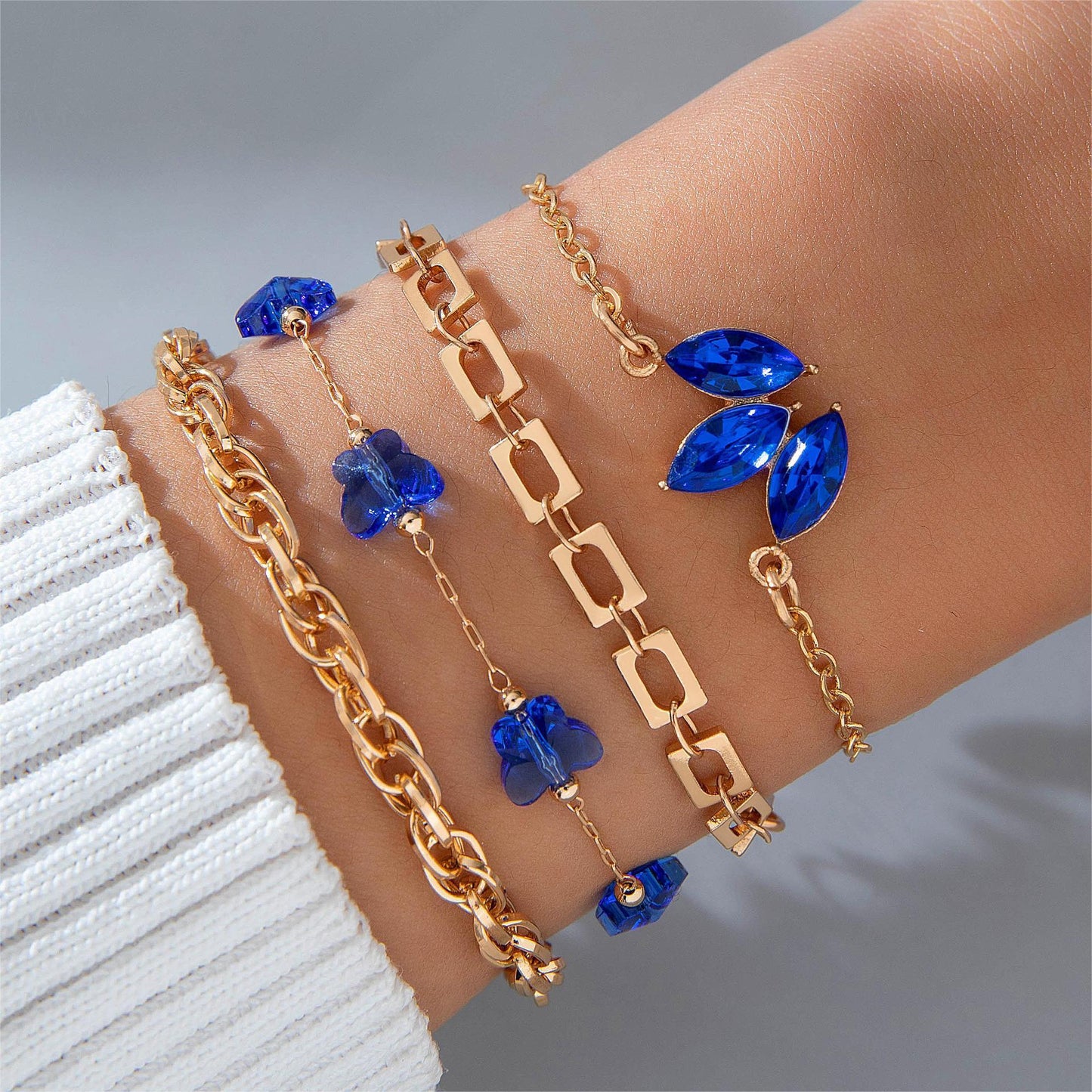 4pcs blue flower love butterfly bracelet set with rhinestones design valentines day - lunastein