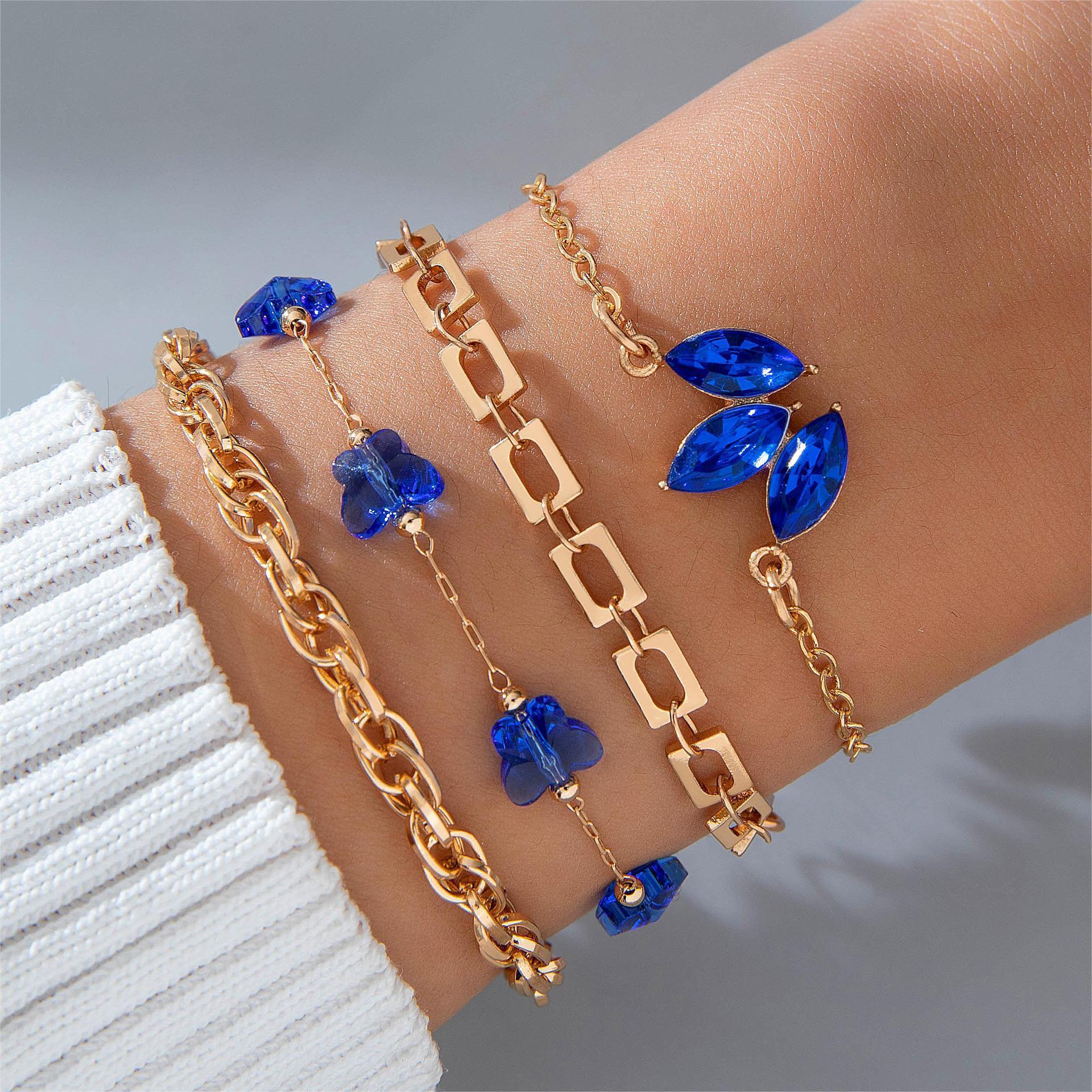 4pcs Blue Flower Love Butterfly Bracelet Set With Rhinestones Design Valentines Day - Lunastein