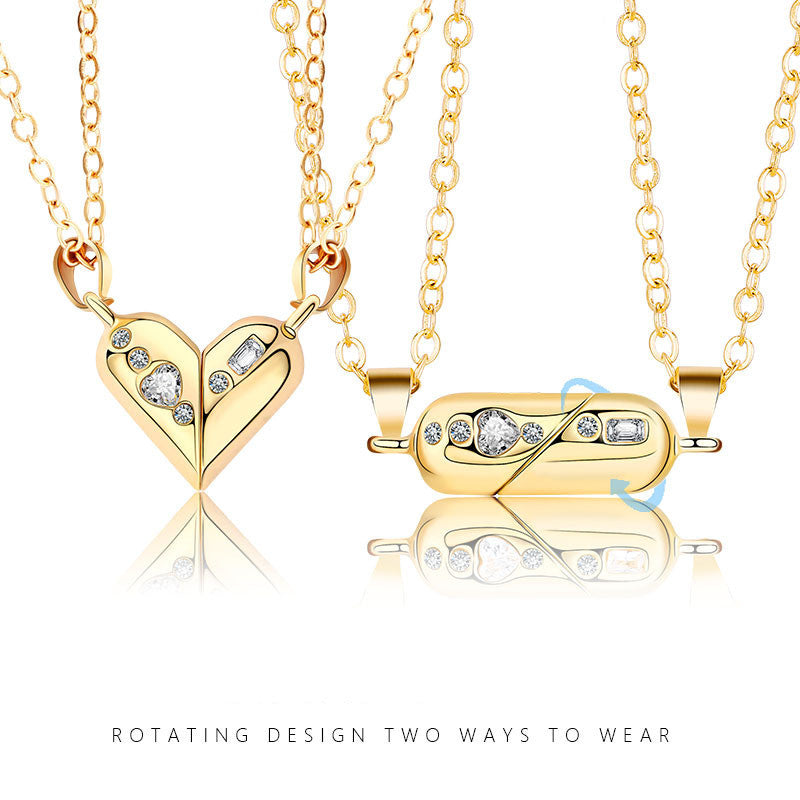love couple necklace – magnetische herz-halskette für paare mit zirkonia - lunastein