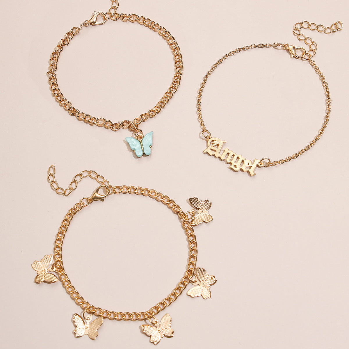 golden angel – 3-teiliges fußkettchen-set mit butterfly & schriftzug - lunastein - schmuck