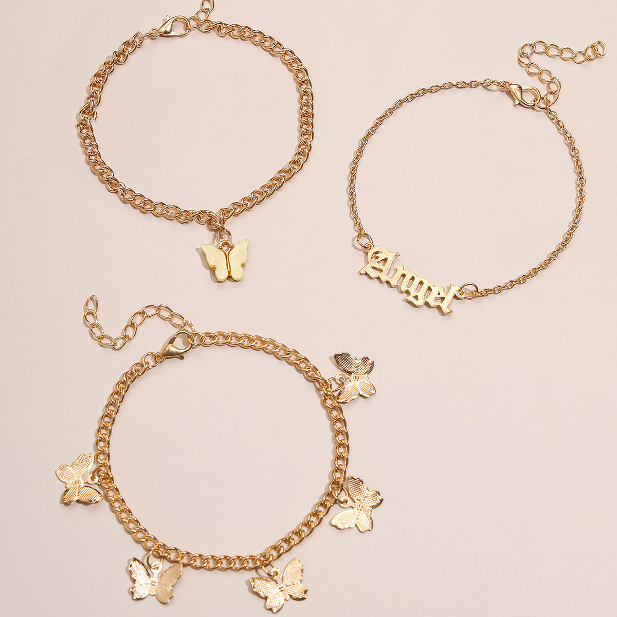 golden angel – 3-teiliges fußkettchen-set mit butterfly & schriftzug - lunastein - schmuck