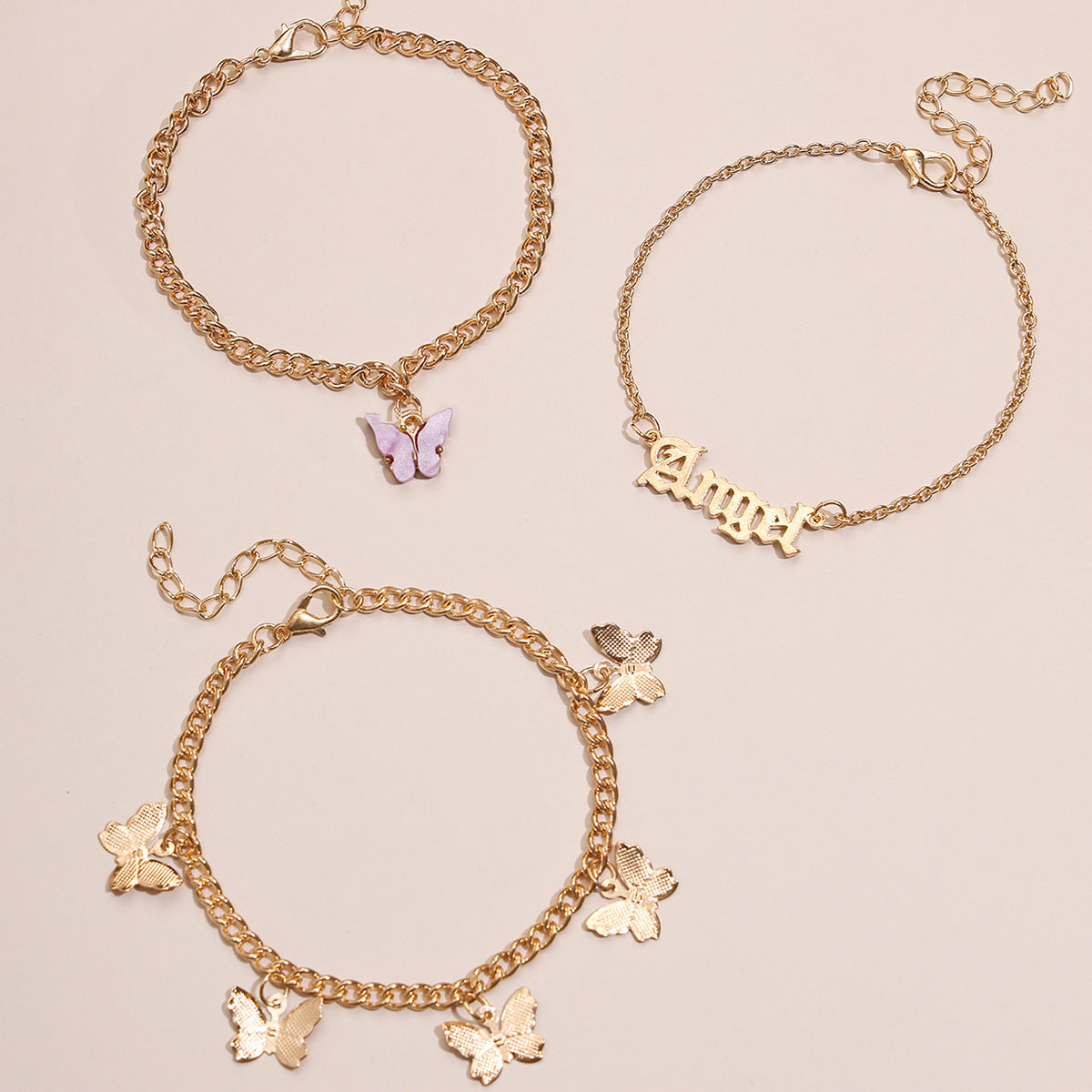 golden angel – 3-teiliges fußkettchen-set mit butterfly & schriftzug - lunastein - schmuck