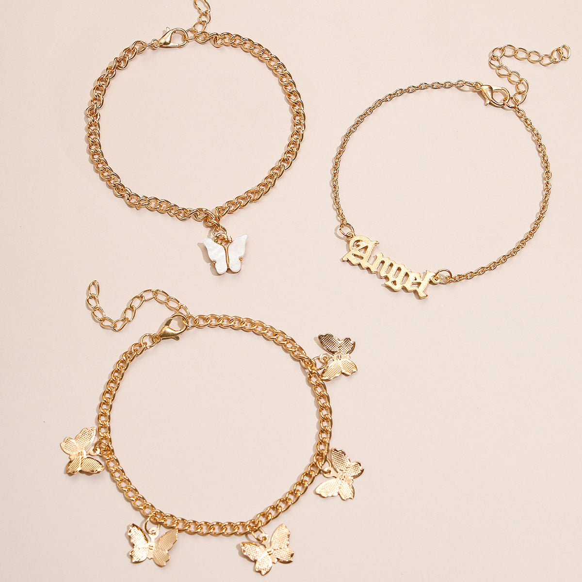 golden angel – 3-teiliges fußkettchen-set mit butterfly & schriftzug - lunastein - schmuck