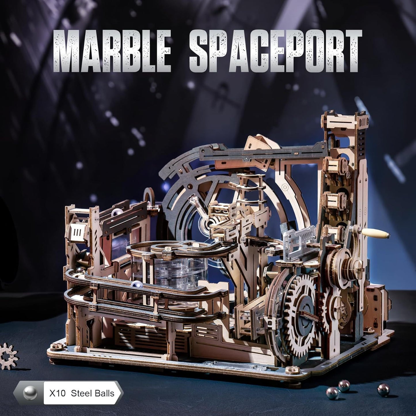 robotime marble run 3d puzzle wooden model kits for adults to build, gifts adults electric craft boys, marble spaceport lgc01