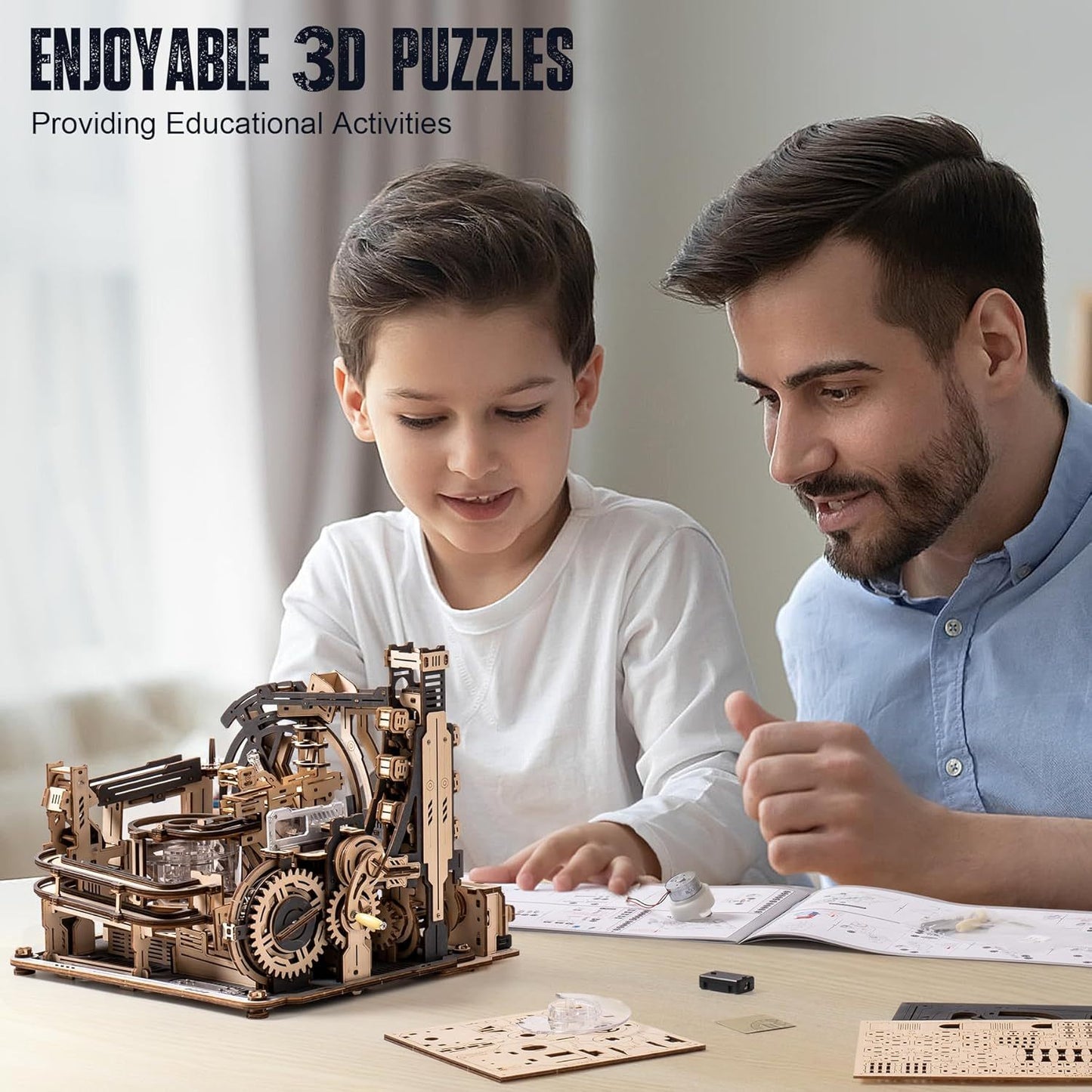 robotime marble run 3d puzzle wooden model kits for adults to build, gifts adults electric craft boys, marble spaceport lgc01