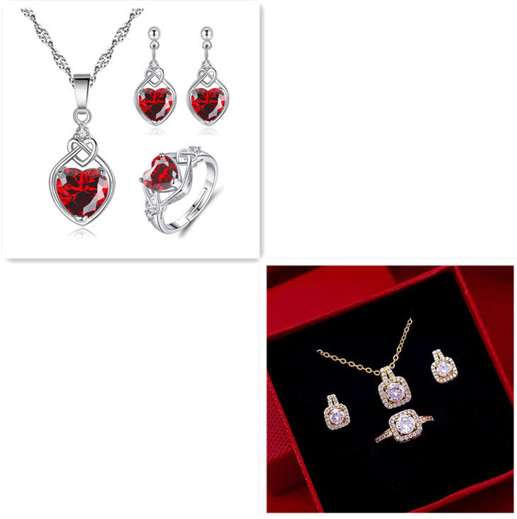 fashion jewelry set zircon gem pendant chain choker necklace for women gold color stud earring statement wedding ring - lunastein