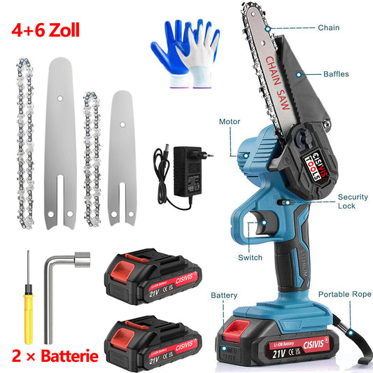 21V Mini Chain Saw 4-6 Inch Wireless Single Hand Saw Wood Cutter 2 Batteries