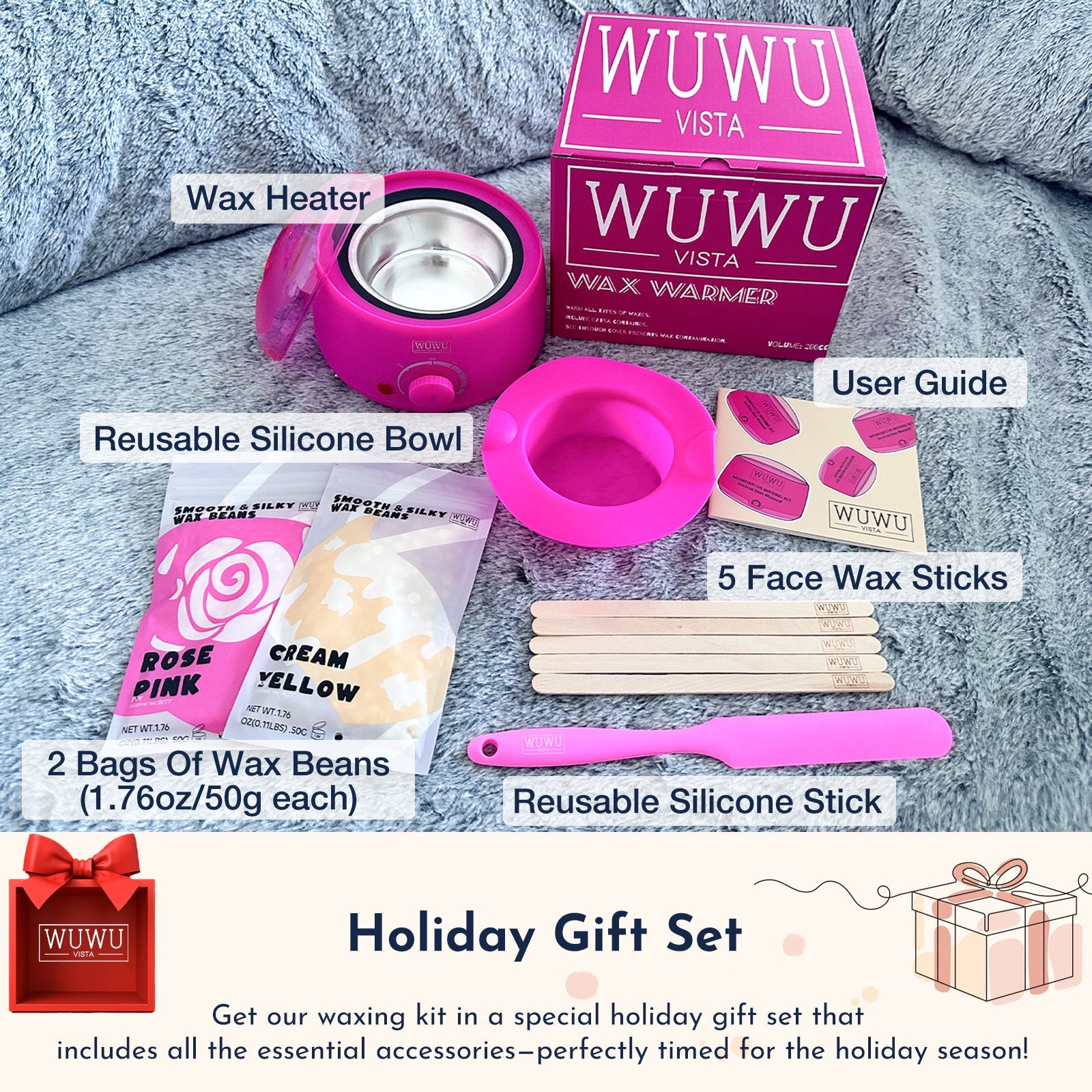 Waxing Kit 11 Items WUWUVISTA Hair Removal Wax Kit With Wax Melt Warmer Waxing Beads For Face,Brazilian,Full Body,Bikini,Sensitiive Skin Suitable For Plugs Of American, European Specification SchmuckNeu