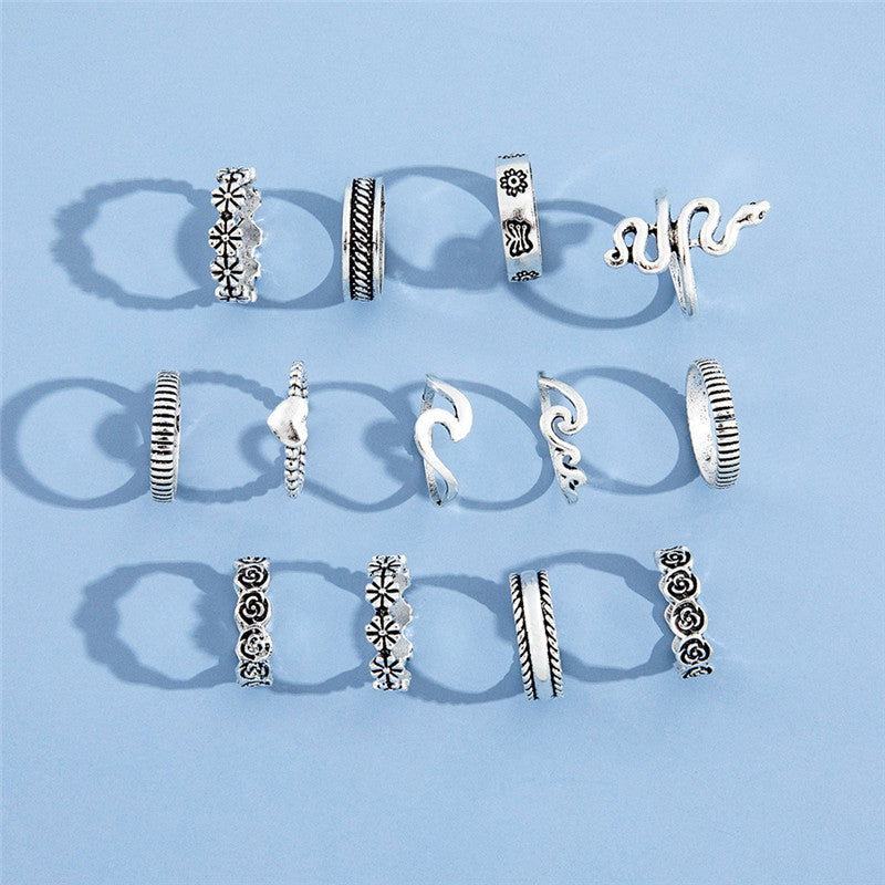 Flowerlove Geometrik Ring – 13-teiliges Vintage-Ringset in Silberoptik - Lunastein - Schmuck