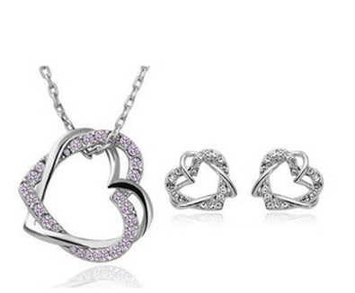 yiwu fashion jewelry factory jewelry customized double diamond heart necklace earring set - lunastein