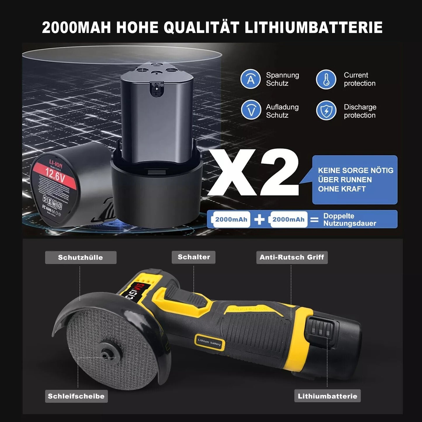 akku winkelschleifer mit 2 batterien trennschleifer schleifmaschine