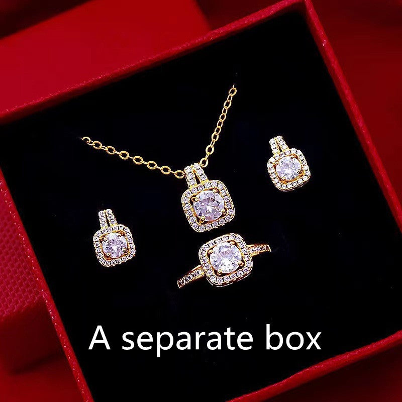 fashion jewelry set zircon gem pendant chain choker necklace for women gold color stud earring statement wedding ring - lunastein