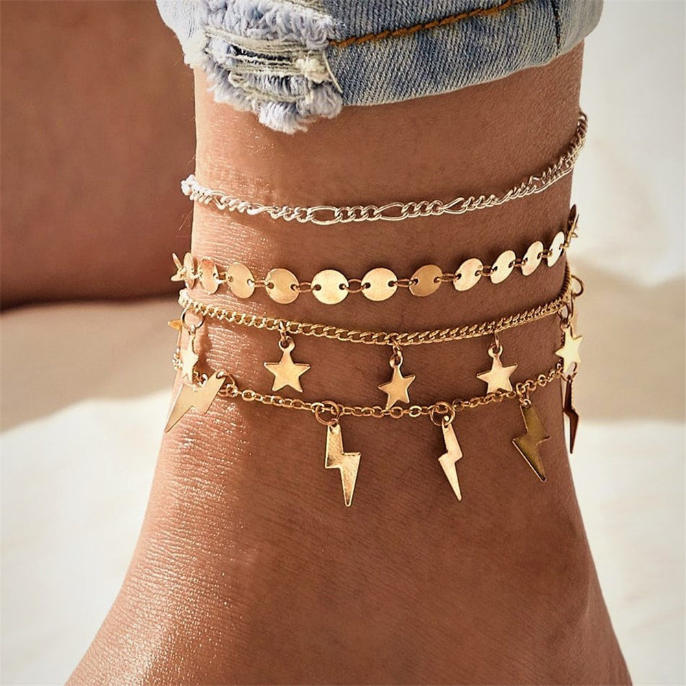 stellar spark – 4-teiliges fußkettchen-set mit sternen & blitzen - lunastein - schmuck
