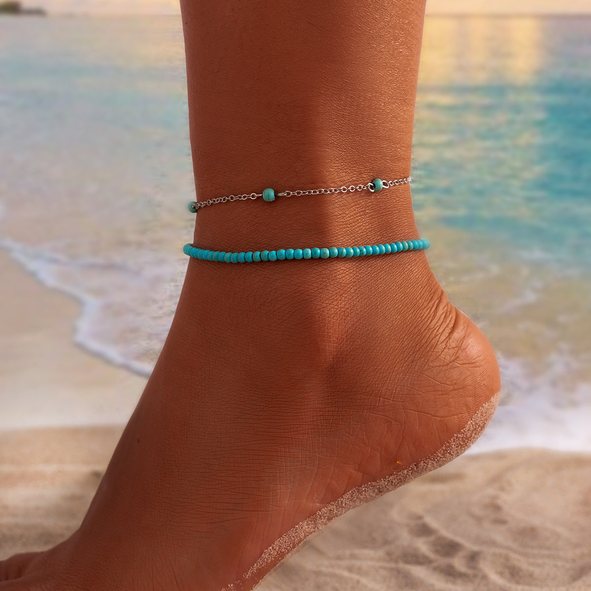 boho starlight – mehrlagiges perlen-fußkettchen im ethno-stil - lunastein - schmuck