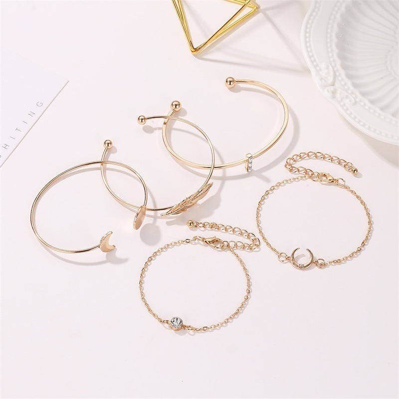 five pieces ladies bracelets boho punk moon leaf crystal protein bracelet set boho beach bracelet jewelry - lunastein