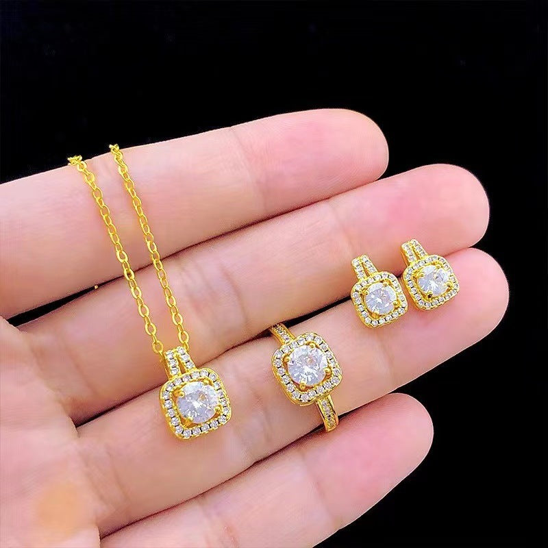 fashion jewelry set zircon gem pendant chain choker necklace for women gold color stud earring statement wedding ring - lunastein