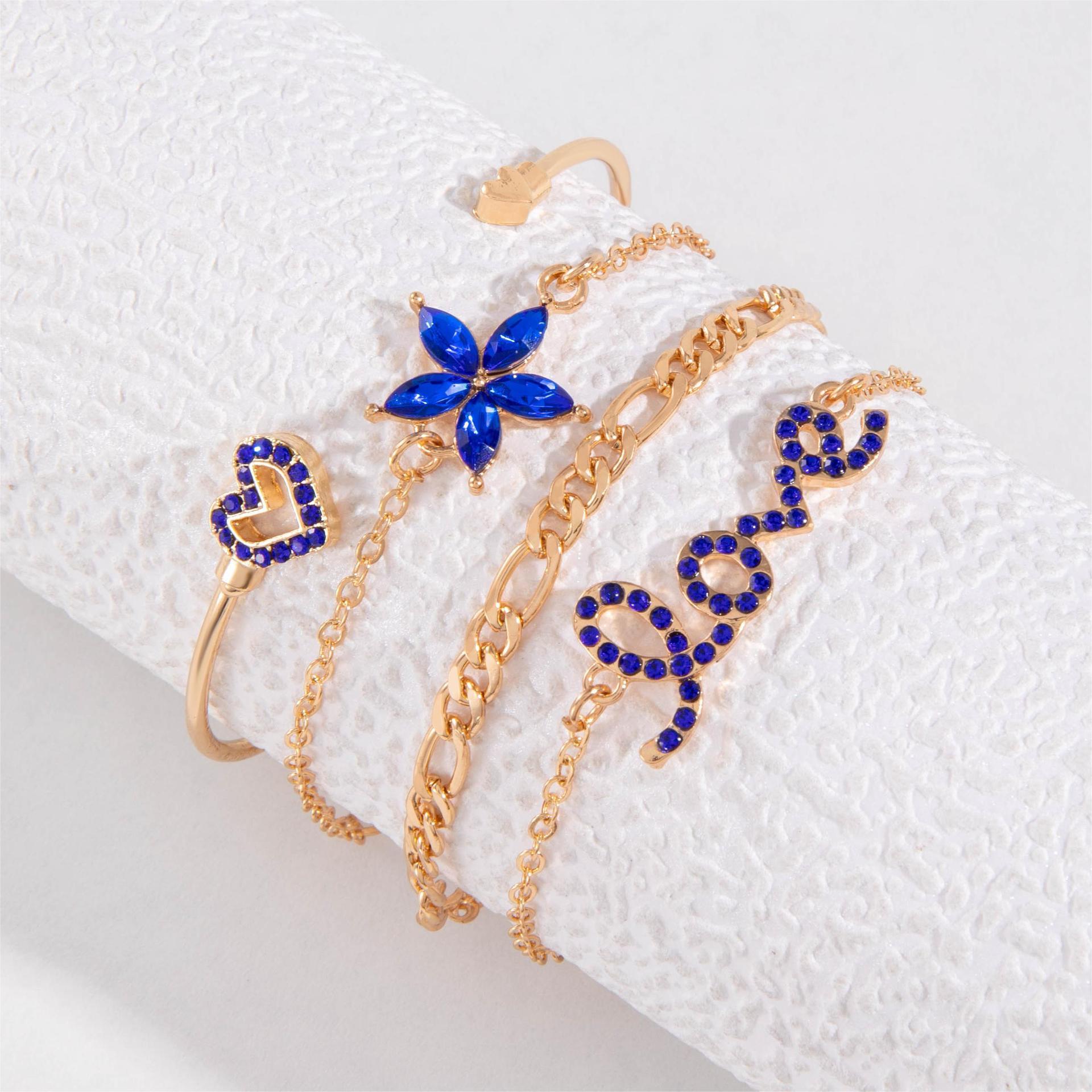 4pcs Blue Flower Love Butterfly Bracelet Set With Rhinestones Design Valentines Day - Lunastein