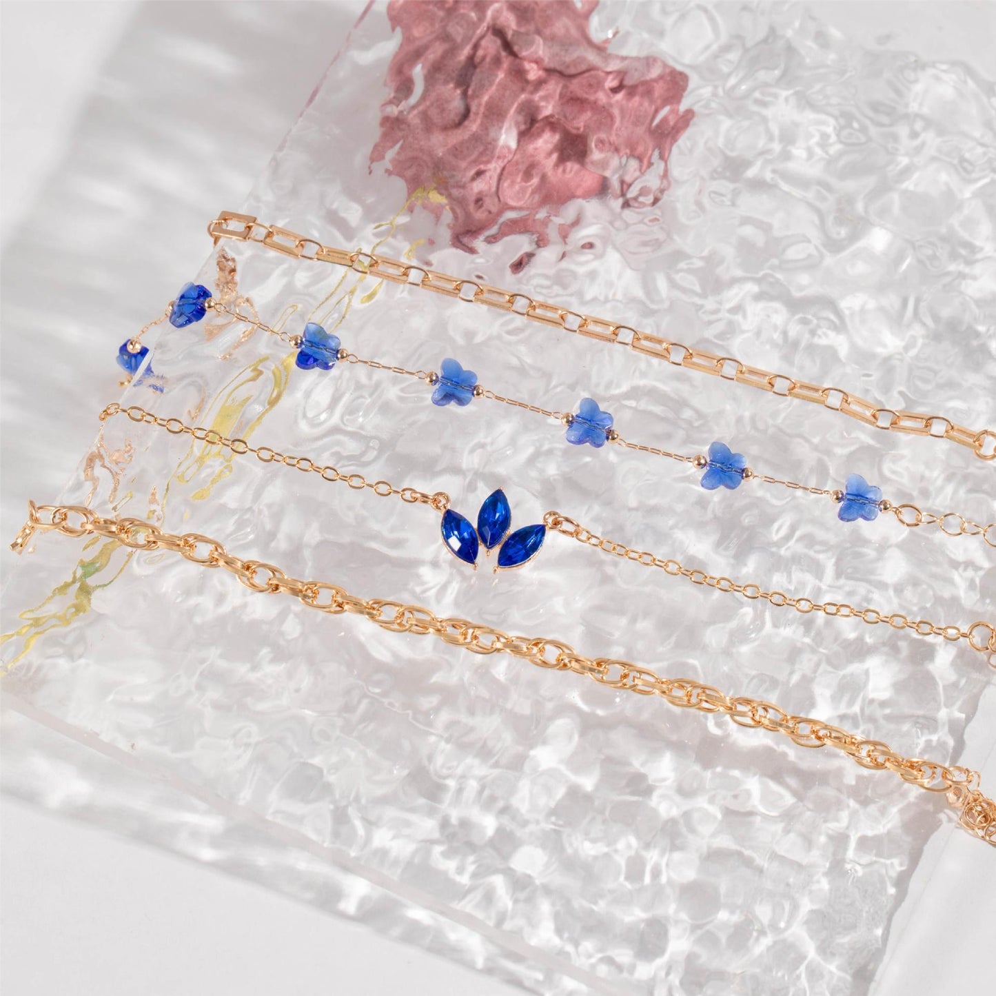4pcs blue flower love butterfly bracelet set with rhinestones design valentines day - lunastein