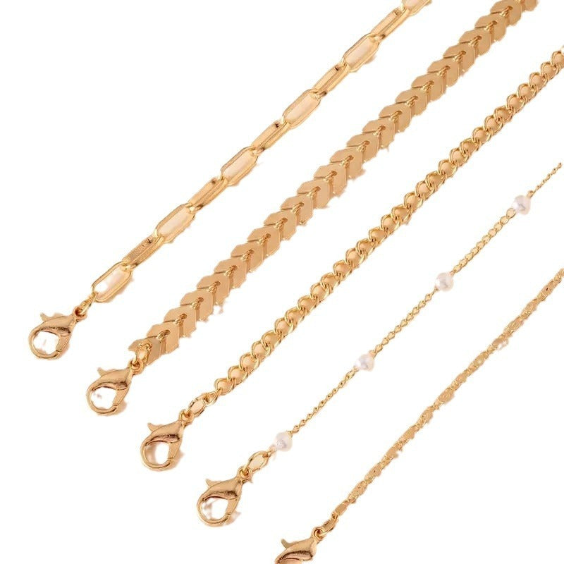 golden breeze – 5-teiliges perlen-fußkettchen-set für den sommer - lunastein - schmuck