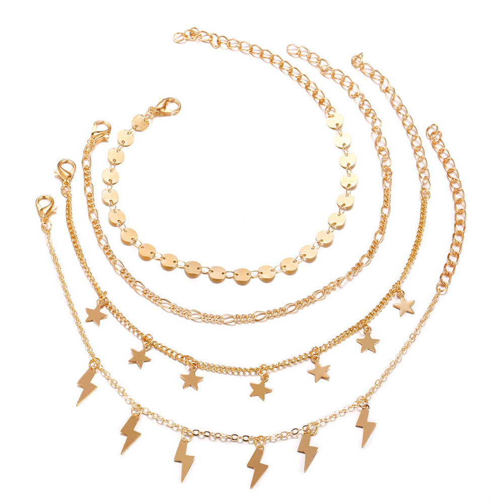 stellar spark – 4-teiliges fußkettchen-set mit sternen & blitzen - lunastein - schmuck