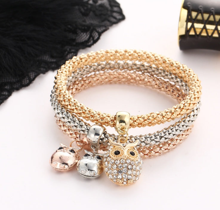 3 pieces set crystal bead bracelet for women decorated with crystal owl charm - lunastein