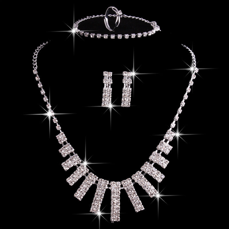 4 Pieces Rhinestones Necklace Set With Earrings Ring And Bracelet Fashion Jewelry For Women - Lunastein