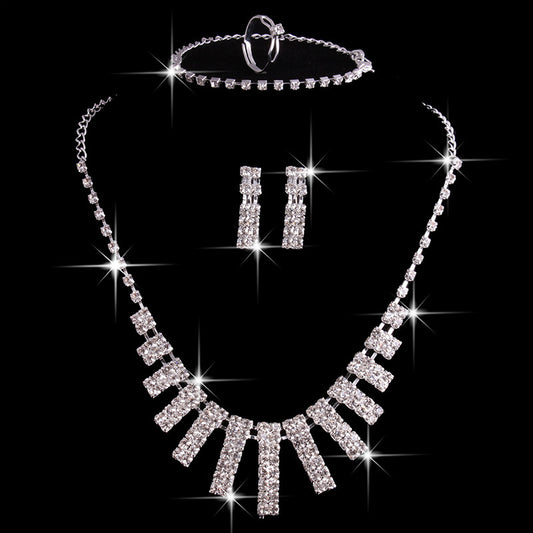 4 Pieces Rhinestones Necklace Set With Earrings Ring And Bracelet Fashion Jewelry For Women - Lunastein
