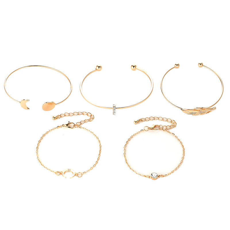 five pieces ladies bracelets boho punk moon leaf crystal protein bracelet set boho beach bracelet jewelry - lunastein