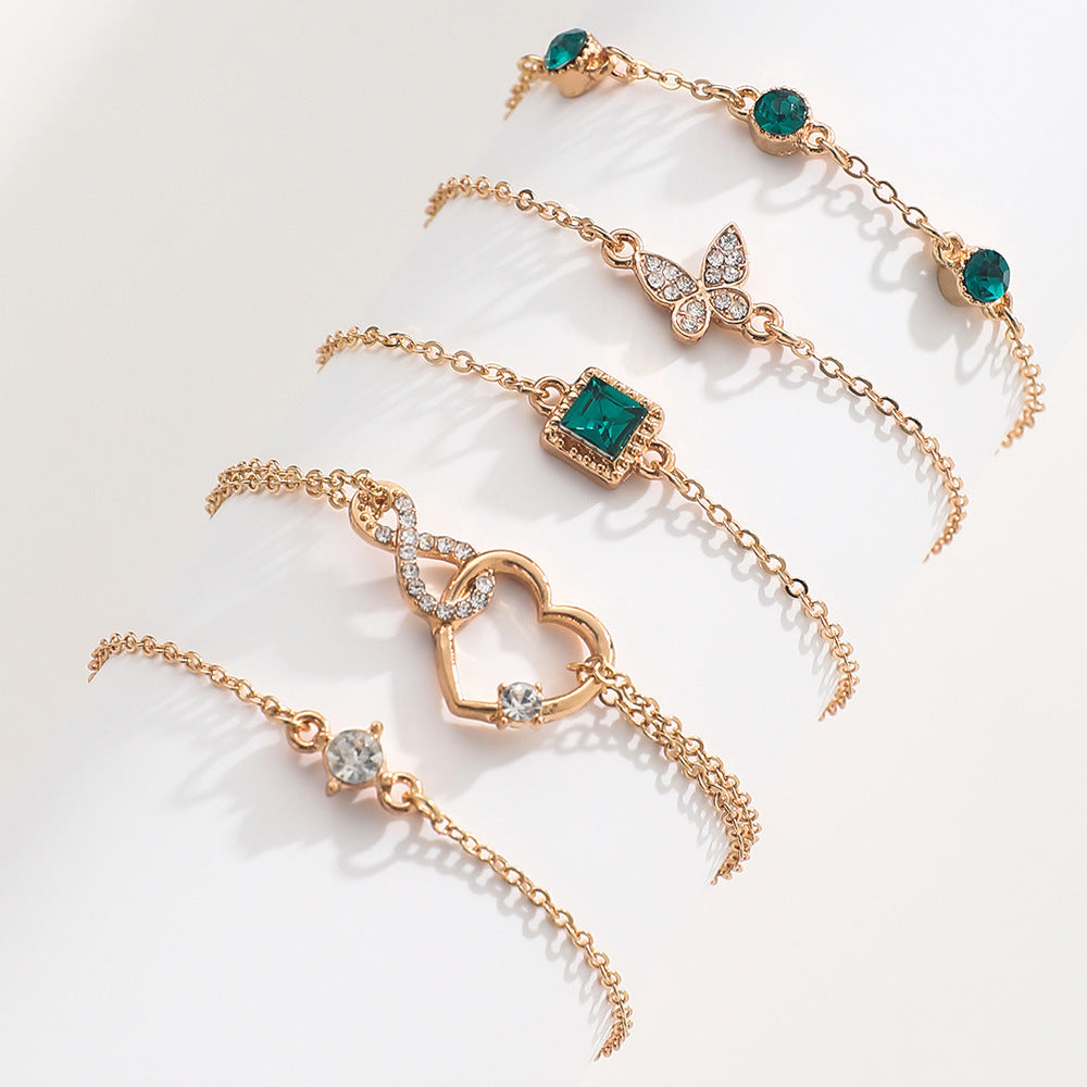 bohemian 5pc green crystal bracelets jewelry set for women heart bracelet wedding engagement bracelet fashion jewelry - lunastein