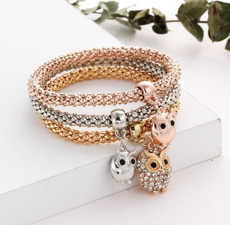 3 pieces set crystal bead bracelet for women decorated with crystal owl charm - lunastein