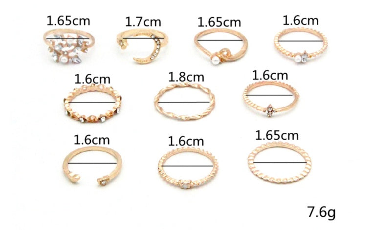 bohemian fashion star moon love pearl leaf 10-piece ring - lunastein