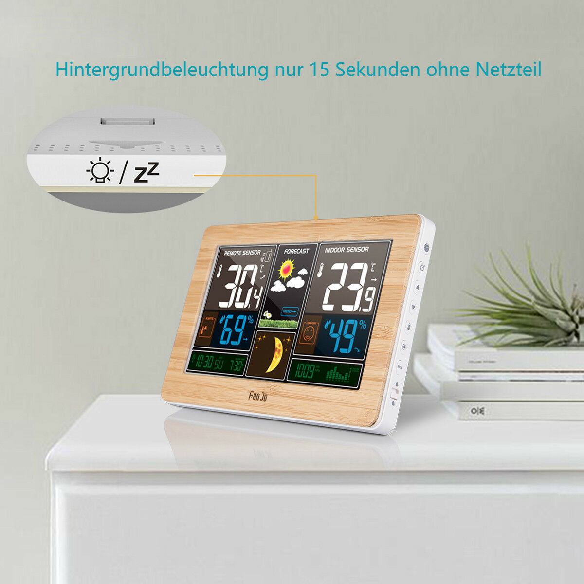 wireless weather station with outdoor sensor, indoor, outdoor temperature, moon phase