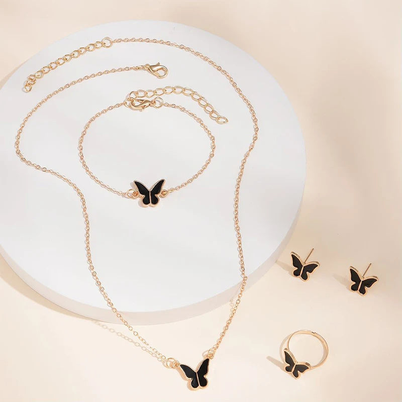 5pcs fashion butterfly pendants necklace earrings ring bracelet sets for women jewelry set bridal wedding jewelry gift - lunastein