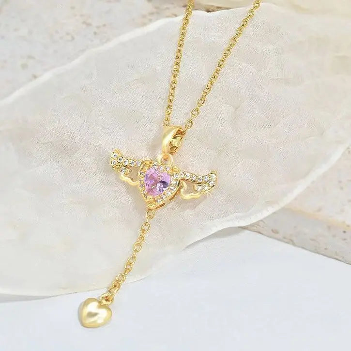cupid's dream – halskette mit herz, flügeln & zirkonia in gold oder silber - lunastein