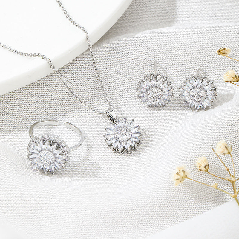 classic charm sunflower flower stainless steel necklace earrings fashion exquisite micro seed jewelry ring - lunastein