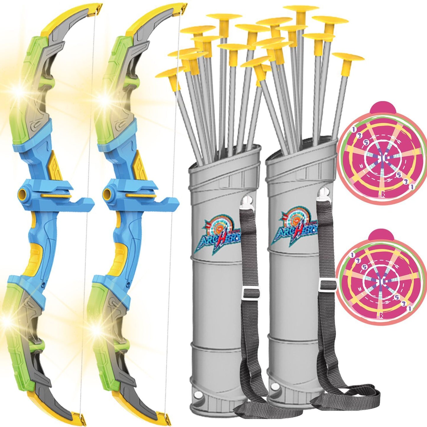 de bow & arrow toy set, led-lit archery toy,10 suction cup arrows, targets and arrow holders, indoor and outdoor children's toys suitable for boys and girls.logistics is randomly sent by dhl,dpd