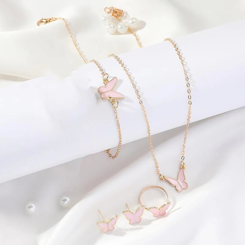 5pcs fashion butterfly pendants necklace earrings ring bracelet sets for women jewelry set bridal wedding jewelry gift - lunastein