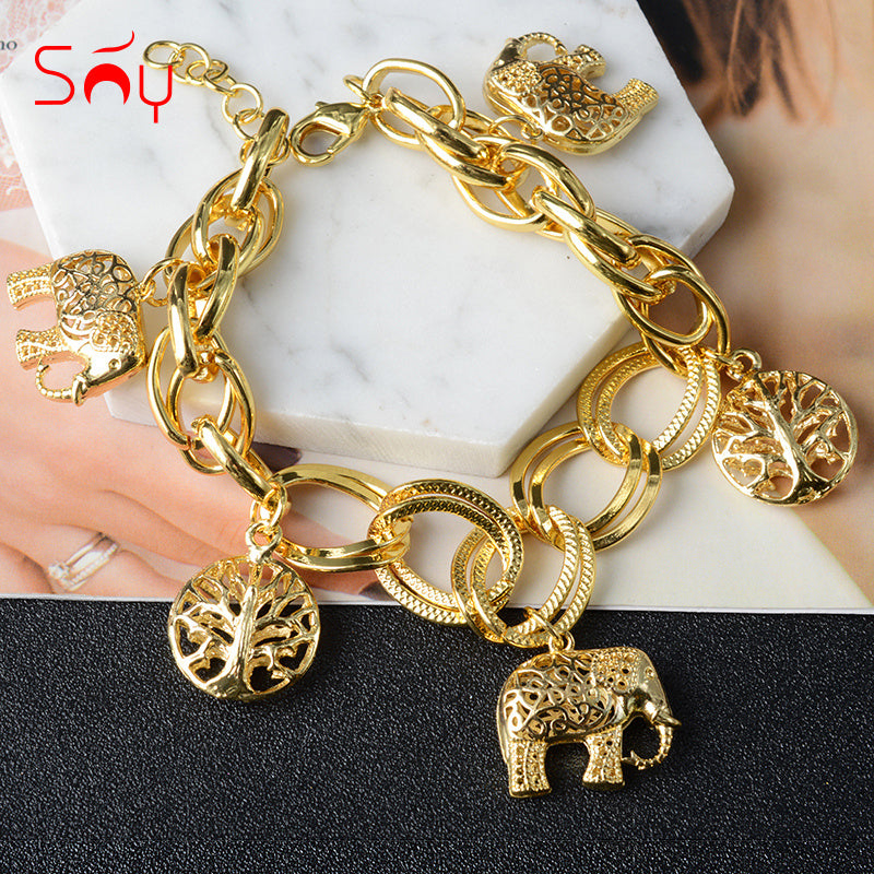 spirit of nature – goldfarbenes charm-armband mit elefanten & lebensbaum - lunastein