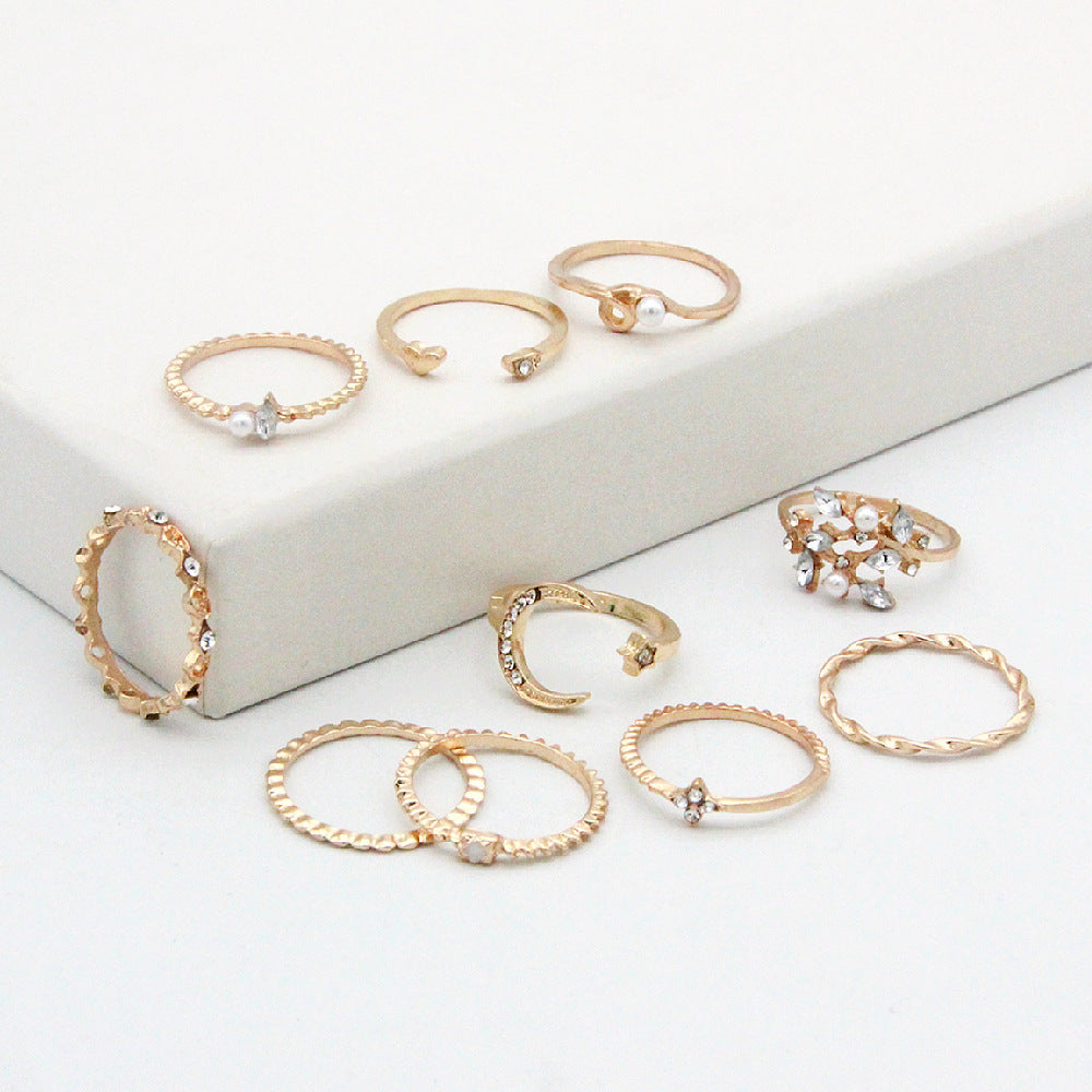 bohemian fashion star moon love pearl leaf 10-piece ring - lunastein