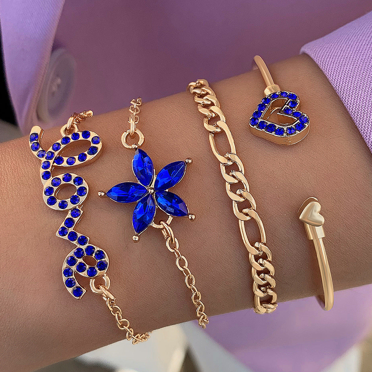 4pcs Blue Flower Love Butterfly Bracelet Set With Rhinestones Design Valentines Day - Lunastein