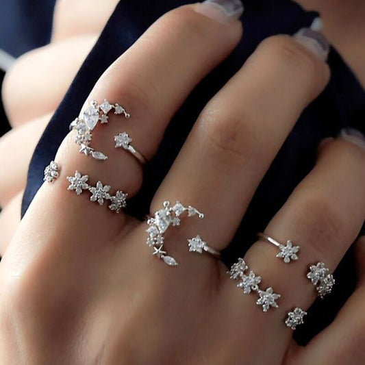 Moonlight Sparkle – Silberfarbenes Ring-Set mit Kristallsternen - Lunastein - Schmuck