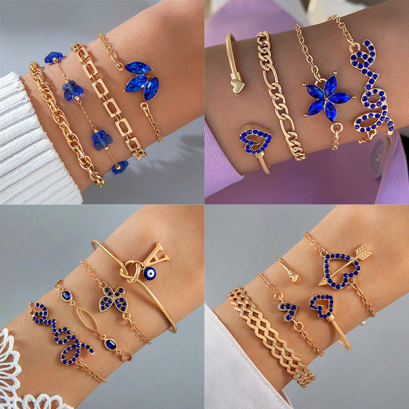 4pcs Blue Flower Love Butterfly Bracelet Set With Rhinestones Design Valentines Day - Lunastein