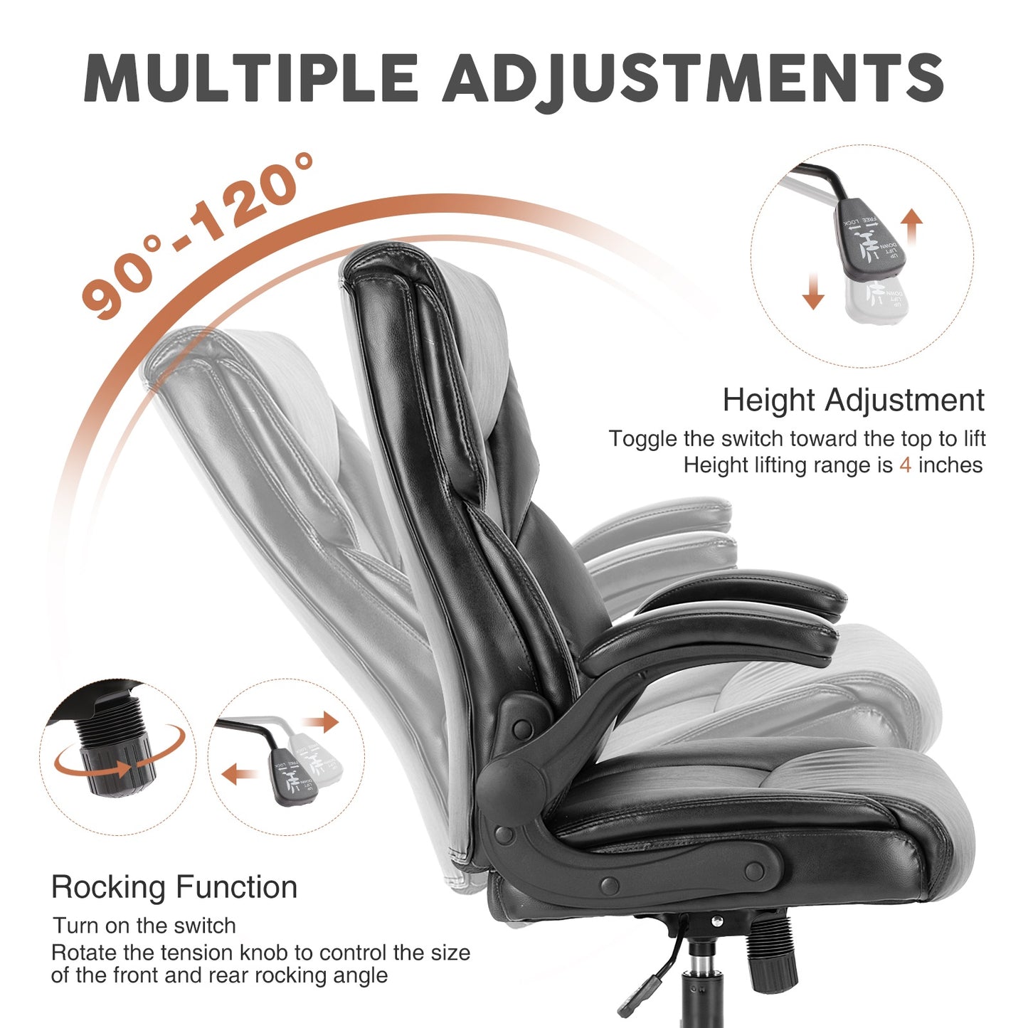 pu leather office chair with adjustable flip-up armrest,lumbar support, strong metal base