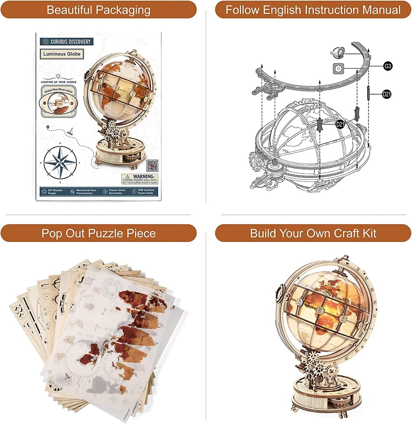 rokr luminous globe 3d wooden hot selling 180pcs model building block kits toy schmuckneu