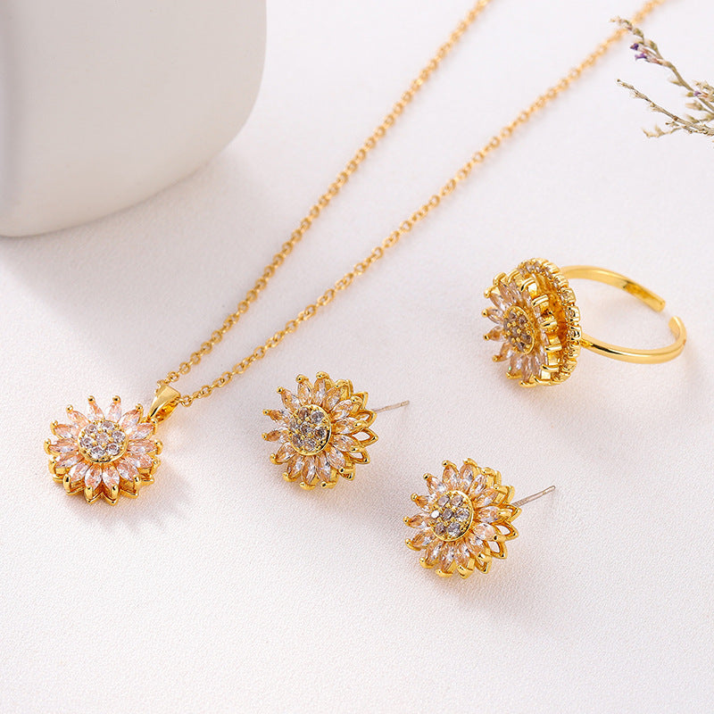 classic charm sunflower flower stainless steel necklace earrings fashion exquisite micro seed jewelry ring - lunastein